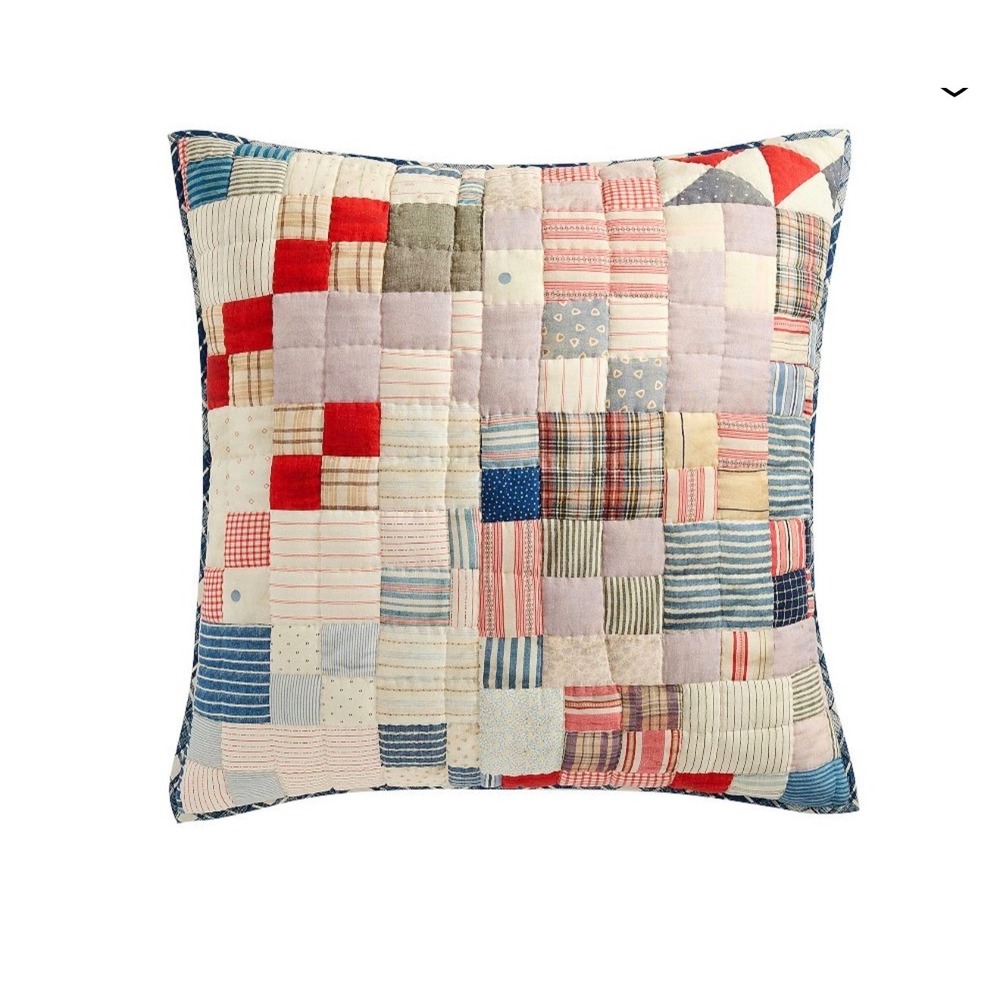 Pottery Barn Quilted Patchwork Euro Sham 26x26 Red Blue Plaid Reversible